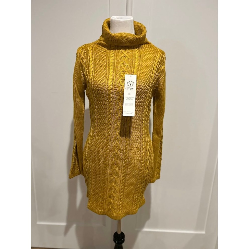 Mustard Yellow Cable Knit Turtleneck Sweater Dress‎ Midi Length NWT